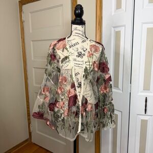 Beautiful Soul Boho Floral Embroidered Sheer Mesh Kimono Bell Sleeve Jacket XL